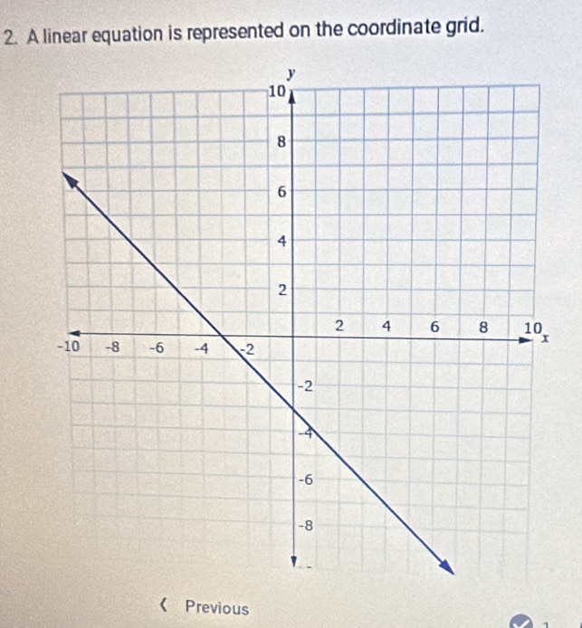 A linear equation is represented on the coordinate grid. 
《 Previous