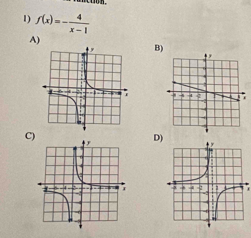 nction. 
1) f(x)=- 4/x-1 
A) 
B) 
C) 
D)
x