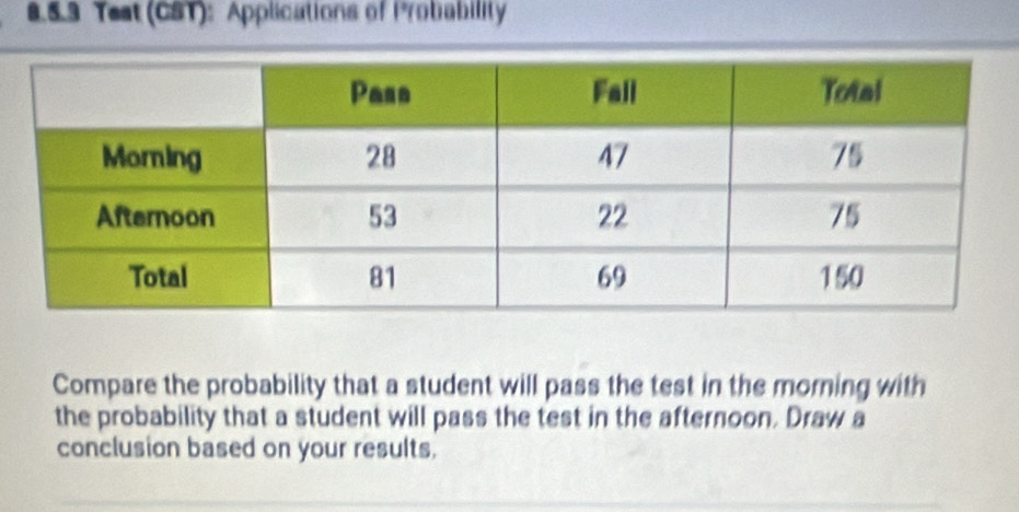 Teat (CST): Applications of Probability 
Compare the probability that a student will pass the test in the morning with 
the probability that a student will pass the test in the afternoon. Draw a 
conclusion based on your results.