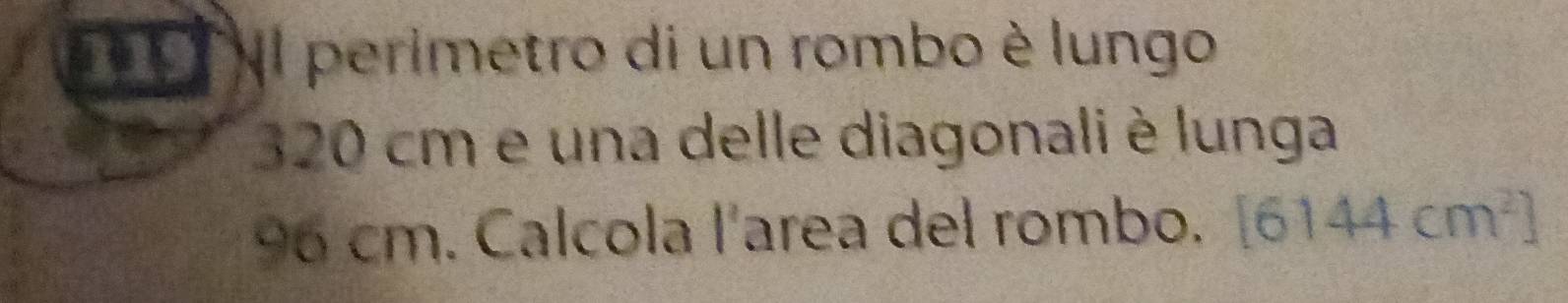 el perimetro di un rombo è lungo
320 cm e una delle diagonali è lunga
96 cm. Calcola l'area del rombo. [6144cm^2]