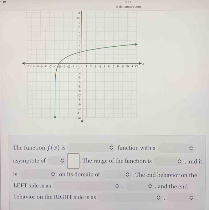 deltamath.com 
The function f(x) is function with a 
asymptote of □. The range of the function is , and it 
is on its domain of . The end behavior on the 
LEFT side is as , and the end 
, 
behavior on the RIGHT side is as 、