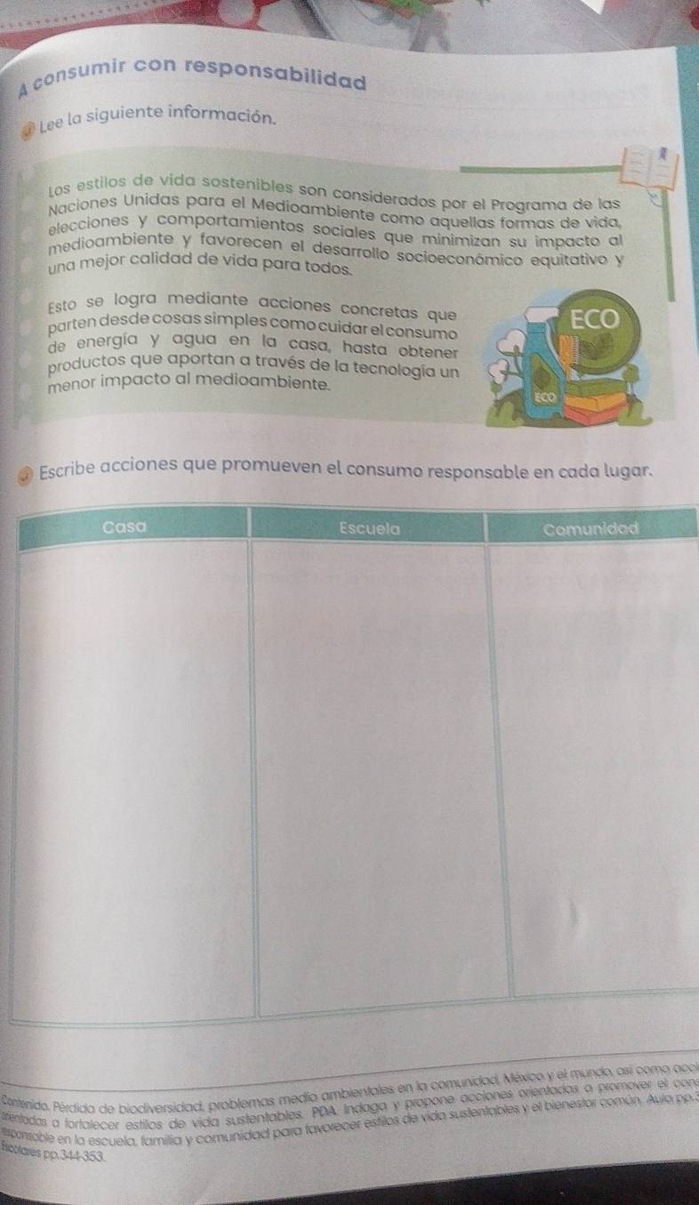 A consumir con responsabilidad 
* Lee la siguiente información. 
Los estilos de vida sostenibles son considerados por el Programa de las 
Naciones Unidas para el Medioambiente como aquellas formas de vida, 
elecciones y comportamientos sociales que minimizan su impacto al 
medioambiente y favorecen el desarrollo socioeconómico equitativo y 
una mejor calidad de vida para todos. 
Esto se logra mediante acciones concretas que 
parten desde cosas simples como cuidar el consumo 
de energía y agua en la casa, hasta obtener 
productos que aportan a través de la tecnología un 
menor impacto al medioambiente. 
; Escribe acciones que promueven el consumo responsable en cada lugar. 
Cartenido, Pérdida de biodiversidad, problemas medio ambientales en la comunidad, México y el mundo, así como accí 
frentadas a fortalecer estilos de vida sustentables. PDA. Indaga y propone acciones orientadas a promover el con 
ttconsable en la escuela, familia y comunidad para favorecer estilos de vida sustentables y el bienestor común. Auía pp. 
ficolares pp.344-353.