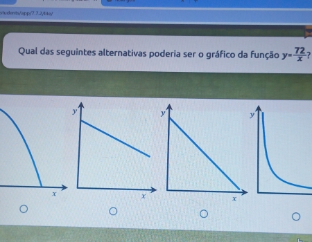 students/app/7.7.2/lite/ 
Qual das seguintes alternativas poderia ser o gráfico da função y= 72/x  7