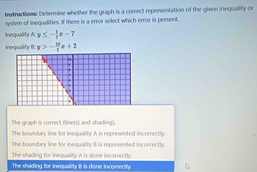 Instructions: Determine whether the graph is a correct representation of the given inequality or
system of inequalities. If there is a error select which error is present.
Inequality A: y≤ - 1/7 x-7
Inequality B: y>- 10/7 x+2
The graph is correct (line(s) and shading).
The boundary line for inequality A is represented incorrectly.
The boundary line for inequality B is represented incorrectly.
The shading for inequality A is done incorrectly.
The shading for inequality B is done incorrectly.