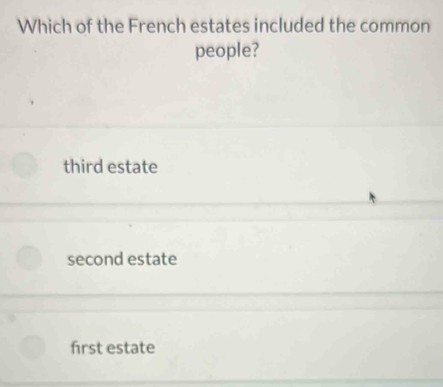 Which of the French estates included the common
people?
third estate
second estate
first estate