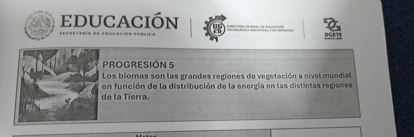 educación 
Difección general de educación 
Tecnológica industrial y de servicios 
secretaría de educación pública DGETI 
PROGRESIÓN 5 
Los biomas son las grandes regiones de vegetación a nivel mundial 
en función de la distribución de la energía en las distintas regiones 
de la Tierra.