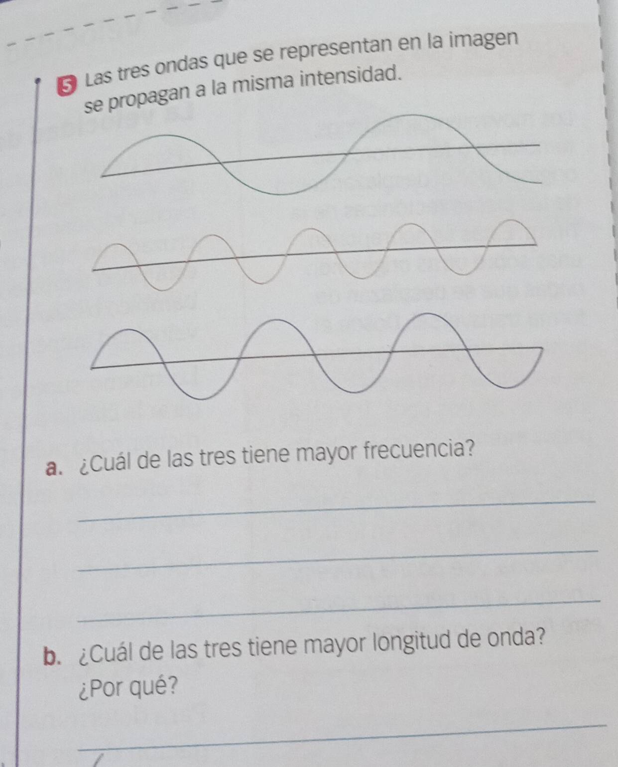 Las tres ondas que se representan en la imagen 
se propagan a la misma intensidad. 
a. ¿Cuál de las tres tiene mayor frecuencia? 
_ 
_ 
_ 
b. ¿Cuál de las tres tiene mayor longitud de onda? 
¿Por qué? 
_