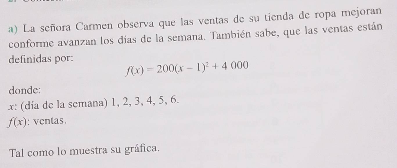 La señora Carmen observa que las ventas de su tienda de ropa mejoran 
conforme avanzan los días de la semana. También sabe, que las ventas están 
definidas por:
f(x)=200(x-1)^2+4000
donde:
x : (día de la semana) 1, 2, 3, 4, 5, 6.
f(x) : ventas. 
Tal como lo muestra su gráfica.