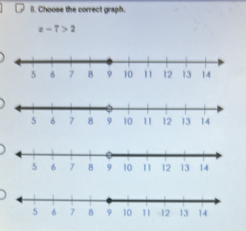 Choose the correct graph.
x-7>2