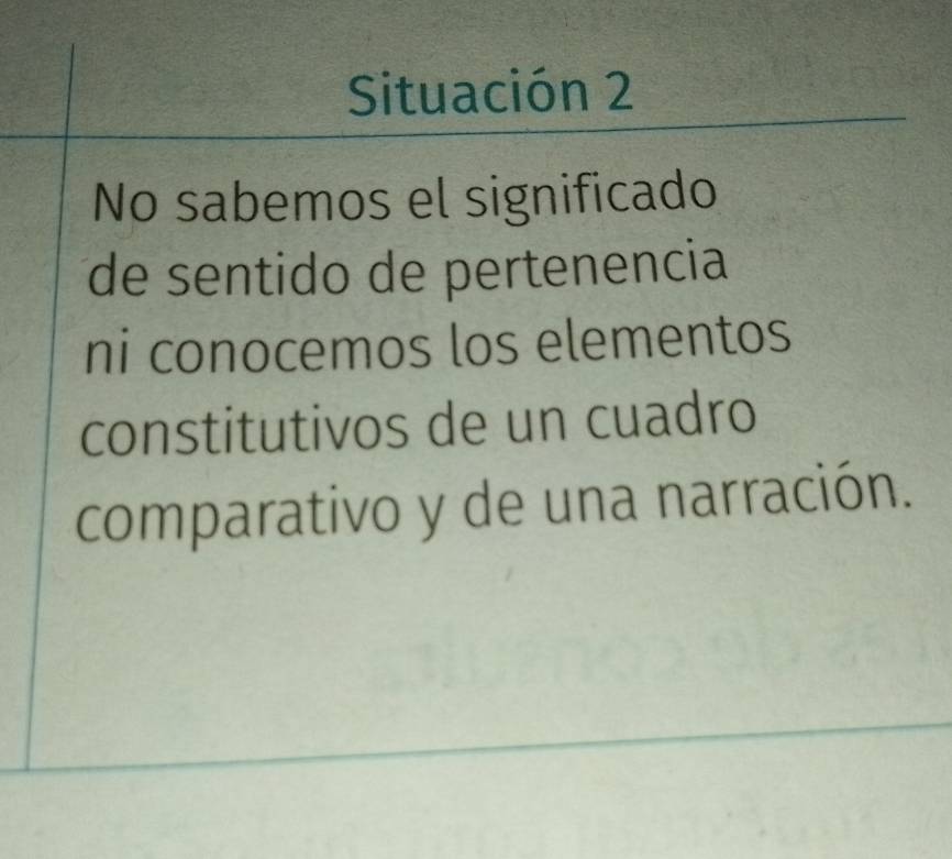 Situación 2 
No sabemos el significado 
de sentido de pertenencia 
ni conocemos los elementos 
constitutivos de un cuadro 
comparativo y de una narración.