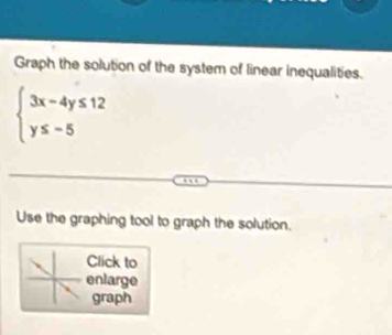 Graph the solution of the system of linear inequalities.
beginarrayl 3x-4y≤ 12 y≤ -5endarray.
Use the graphing tool to graph the solution. 
Click to 
enlarge 
graph