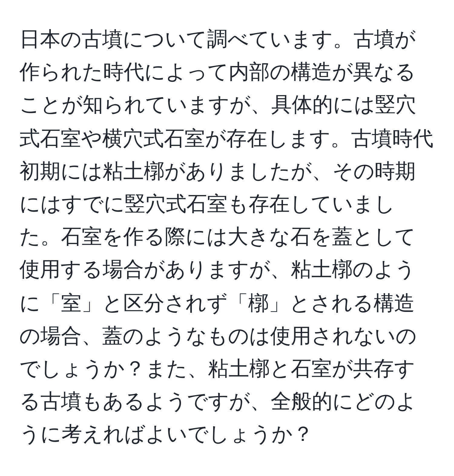 日本の古墳について調べています。古墳が作られた時代によって内部の構造が異なることが知られていますが、具体的には竪穴式石室や横穴式石室が存在します。古墳時代初期には粘土槨がありましたが、その時期にはすでに竪穴式石室も存在していました。石室を作る際には大きな石を蓋として使用する場合がありますが、粘土槨のように「室」と区分されず「槨」とされる構造の場合、蓋のようなものは使用されないのでしょうか？また、粘土槨と石室が共存する古墳もあるようですが、全般的にどのように考えればよいでしょうか？