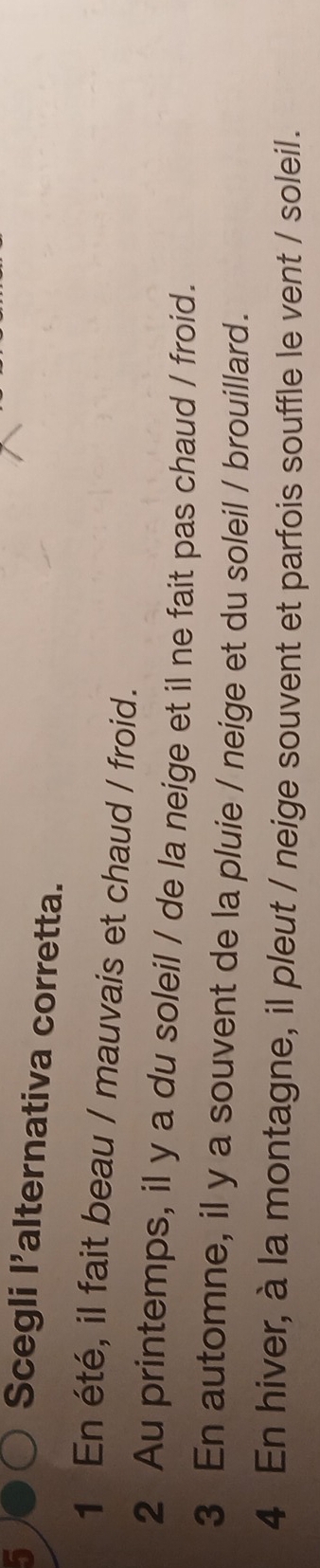 Scegli l'alternativa corretta.
1 En été, il fait beau / mauvais et chaud / froid.
2 Au printemps, il y a du soleil / de la neige et il ne fait pas chaud / froid.
3 En automne, il y a souvent de la pluie / neige et du soleil / brouillard.
4 En hiver, à la montagne, il pleut / neige souvent et parfois souffle le vent / soleil.