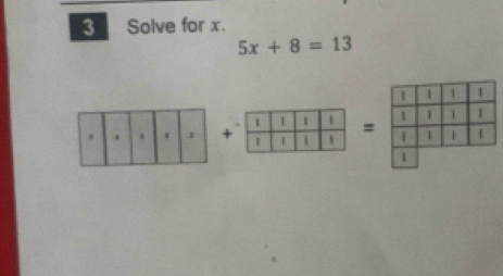 Solve for x.
5x+8=13
= 
+