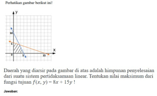 Perhatikan gambar berikat ini! 
Daerah vang diarsir pada gambar di atas adalah himpunan penvelesaian 
dari suatu sistem pertidaksamaan linear. Tentukan nilai maksimum dari 
fungsi tujuan f(x,y)=8x+15y
Jawaban: