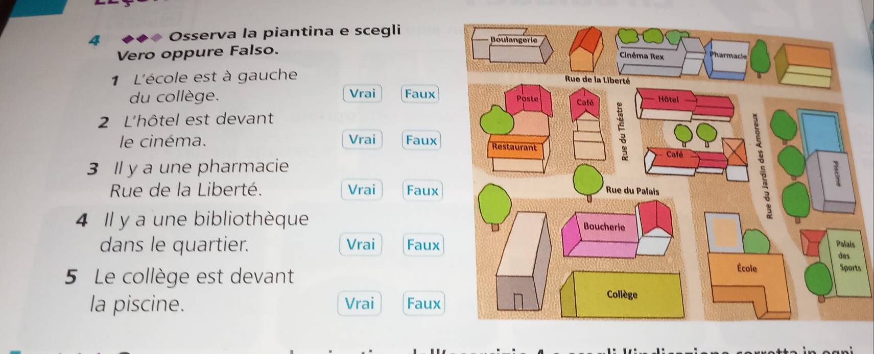 Osserva la piantina e scegli 
Vero oppure Falso. 
1 L'école est à gauche 
du collège. Vrai Faux 
2 L'hôtel est devant 
le cinéma. Vrai Faux 
3 ll y a une pharmacie 
Rue de la Liberté. Vrai Faux 
4 Il y a une bibliothèque 
dans le quartier. Vrai Faux 
5 Le collège est devant 
ts 
la piscine. Vrai Faux