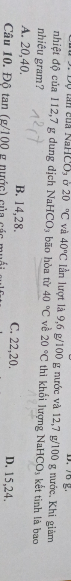 D. 76 g.
* Độ tan của NaH CO_3 Ở 20°C và 40°C lần lượt là 9,6 g/100 g nước và 12,7 g/100 g nước. Khi giảm
nhiệt độ của 112,7 g dung dịch NaH HCO_3 bão hòa từ 40°C vè 20°C thì khối lượng NaHCO₃ kết tinh là bao
nhiêu gram?
A. 20, 40. B. 14, 28. C. 22,20.
Câu 10. Độ tan (g/100 g nước) của các muô
D. 15, 24.