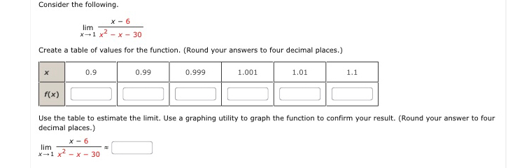 Consider the following.
limlimits _xto 1 (x-6)/x^2-x-30 
Create a table of values for the function. (Round your answers to four decimal places.)
Use the table to estimate the limit. Use a graphing utility to graph the function to confirm your result. (Round your answer to four
decimal places.)
limlimits _xto 1 (x-6)/x^2-x-30 approx □