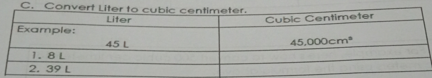 Solved: Convert Liter to cubic centimeter. Liter Cubic Centimeter ...