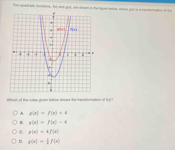 Two quadratic functions, f(x) and g(x) , are shown in the figure below, where g(x) is a transformation of f(x),
Which of the rules given below shows the transformation of f(x) ?
A. g(x)=f(x)+4
B. g(x)=f(x)-4
C. g(x)=4f(x)
D. g(x)= 1/4 f(x)