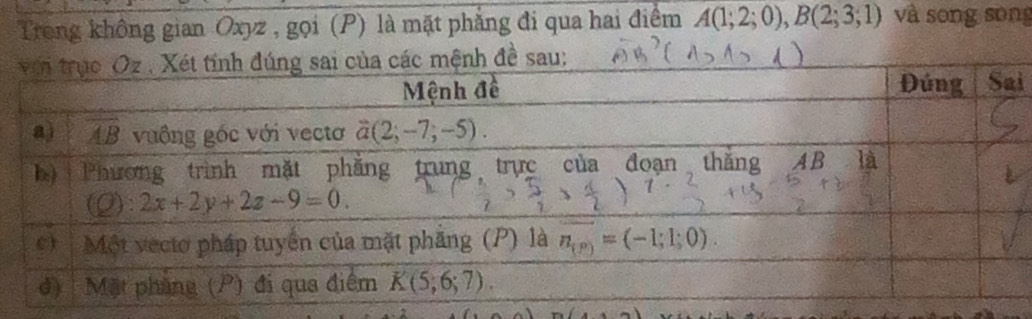 Trong không gian Oxyz , gọi (P) là mặt phẳng đi qua hai điểm A(1;2;0),B(2;3;1) và song sòng
i