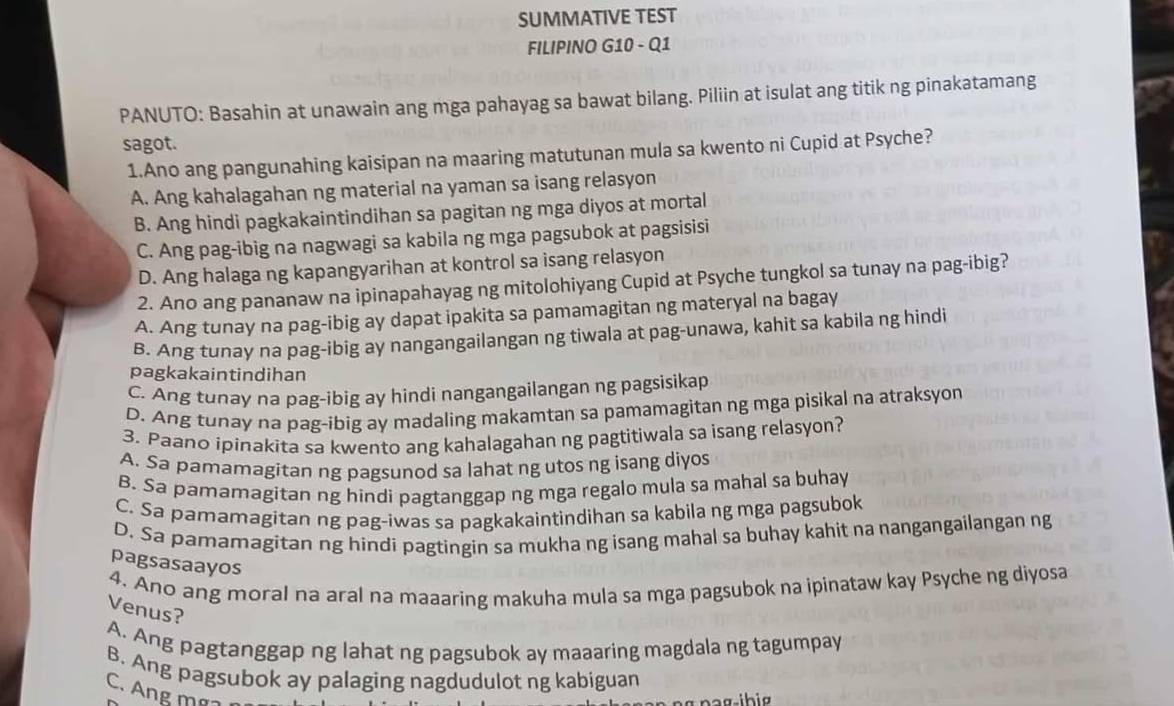 Solved: SUMMATIVE TEST FILIPINO G10 - Q1 PANUTO: Basahin at unawain ang ...
