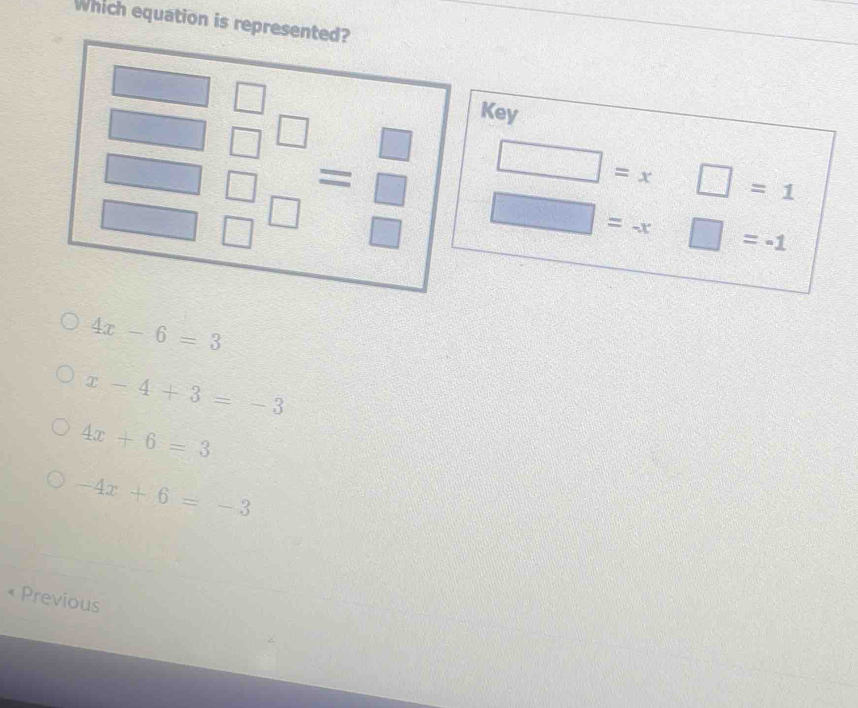 Which equation is represented?
Key
□ =x □ =1
beginarrayr □ □  □ □ endarray =beginarrayr □  □ endarray □ =-x  □ /□   □ =-1
□
4x-6=3
x-4+3=-3
4x+6=3
-4x+6=-3
« Previous