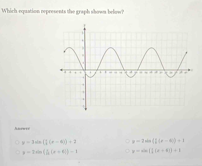 Which equation represents the graph shown below?
Answer
y=3sin ( π /8 (x-6))+2
y=2sin ( π /8 (x-6))+1
y=2sin ( π /16 (x+6))-1
y=sin ( π /8 (x+6))+1