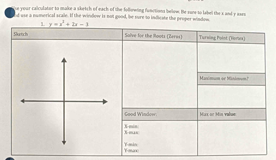 se your calculator to make a sketch of each of the following functions below. Be sure to label the x and y axes 
nd use a numerical scale. If the window is not good, be sure to indicate the proper window. 
1. y=x^2+2x-3
Sketch Solve for the Roots (Zeros) Turning Point (Vertex) 
Maximum or Minimum? 
Good Window: Max or Min value:
X -min:
X -max:
Y -min:
Y -max: