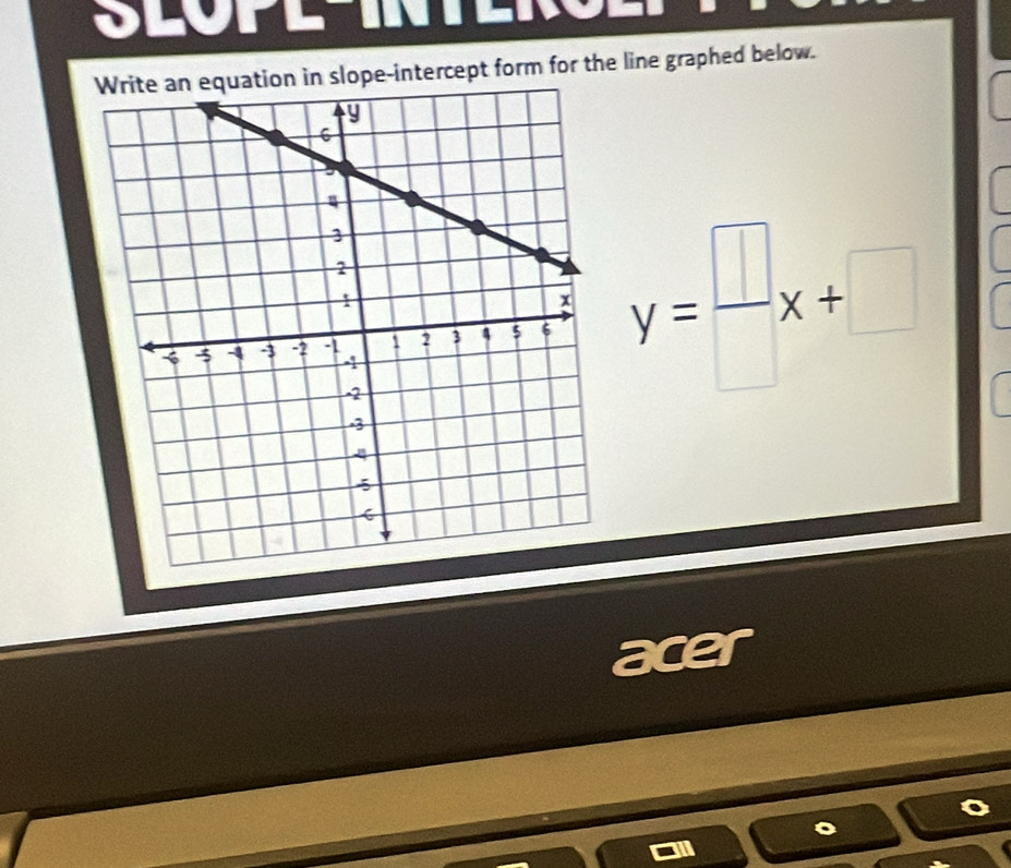 olur a 
in slope-intercept form for the line graphed below.
y = □x+□
a e