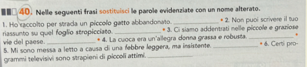 ■■□ 40. Nelle seguenti frasi sostituisci le parole evidenziate con un nome alterato. 
1. Ho raccolto per strada un piccolo gatto abbandonato. _* 2. Non puoi scrivere il tuo 
riassunto su quel foglio stropicciato. _* 3. Ci siamo addentrati nelle piccole e graziose 
vie del paese. _* 4. La cuoca era un'allegra donna grassa e robusta. _. 
5. Mi sono messa a letto a causa di una febbre leggera, ma insistente. _* 6. Certi pro- 
grammi televisivi sono strapieni di piccoli attimi._