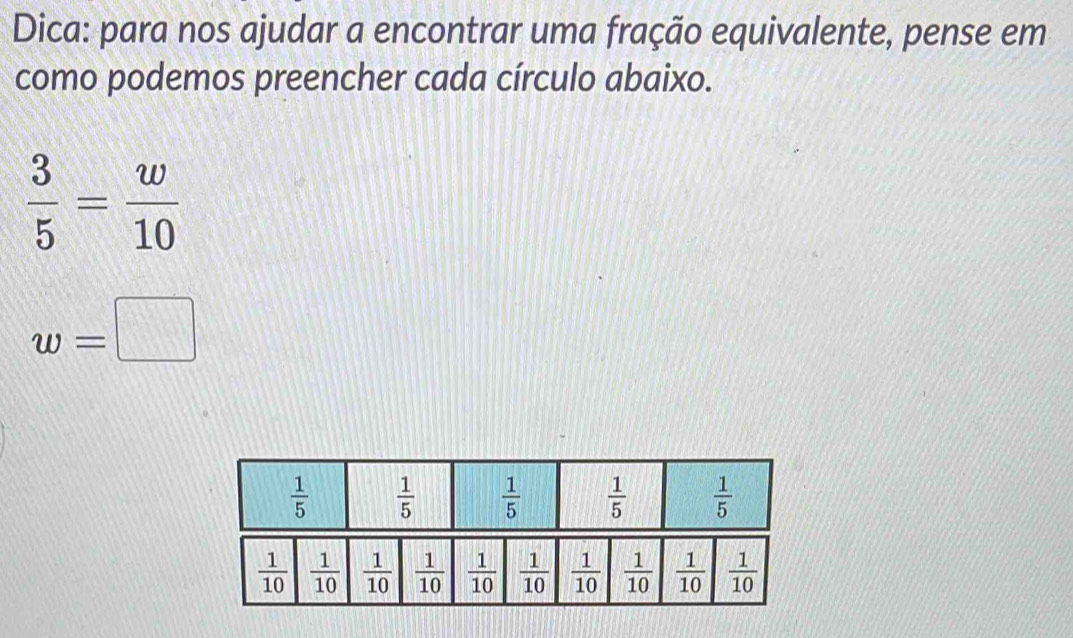 Dica: para nos ajudar a encontrar uma fração equivalente, pense em
como podemos preencher cada círculo abaixo.
 3/5 = w/10 
w=□