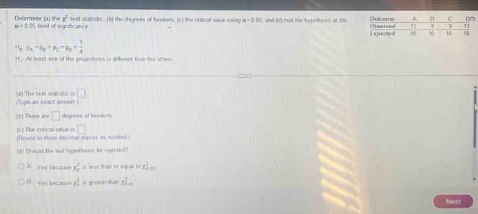 Determine (a) the x^2 test statistic, (b) the degrees of freedom, (c) the critical vaiue using a=0.05 and (d) test the hypothesis at the
alpha =0.05 level of significance.
H_0:p_A=p_B=p_C=p_D= 1/4 
H.: At least one of the proportions is different from the others
(a) The test statistic is □
(Type an exact answer )
(b) There are □ degrees of freedom
(c) The critical value is □
(Round to three decimal places as needed.)
(d) Should the null hypothesis be rejected?
A. Yes because x_0^2 is less than or equal to x_0^2 05
B. Yes because x_n^2 is greater than x_(n00)^2
Next