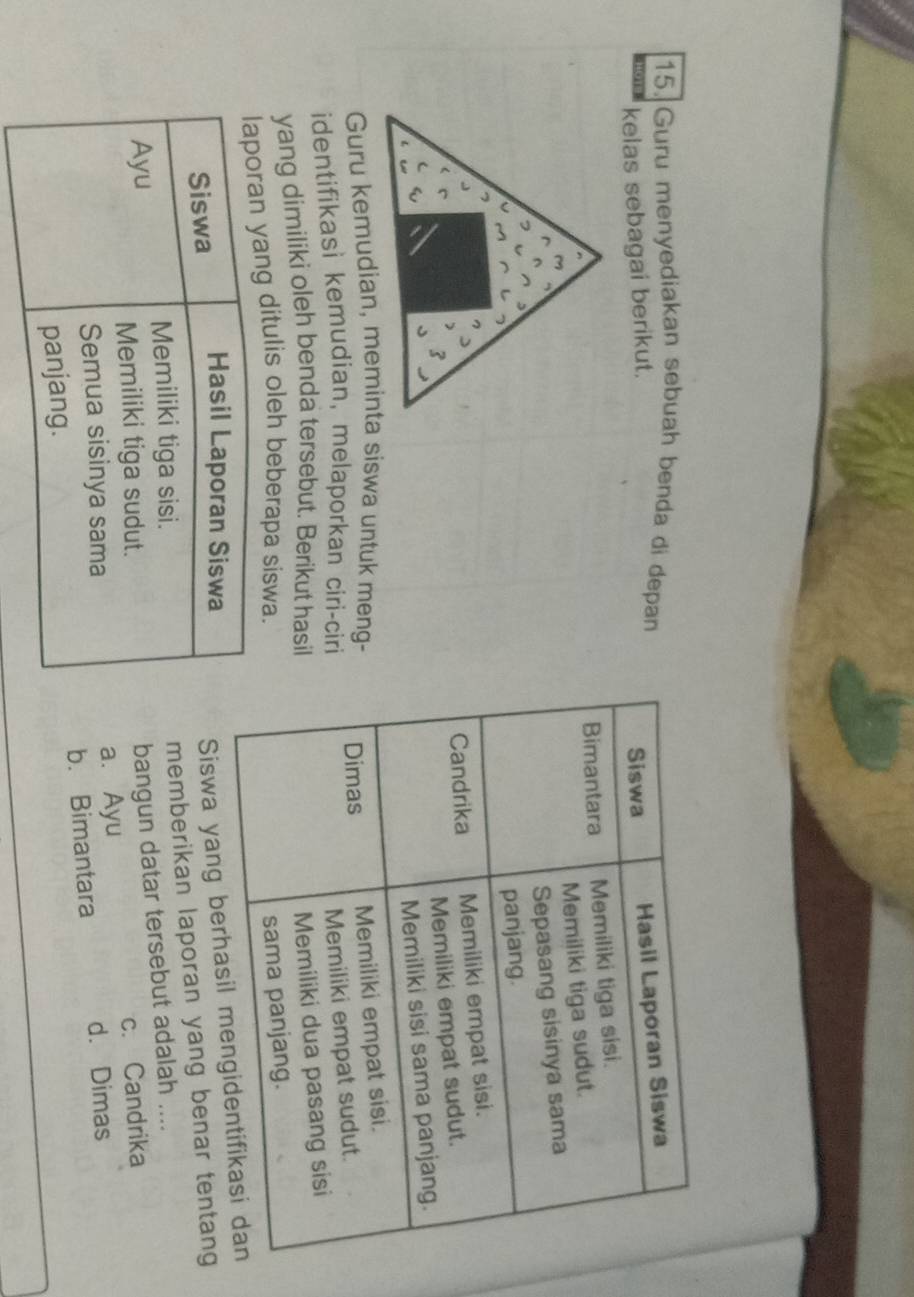 Guru menyediakan sebuah benda di depan
kelas sebagai berikut. 
3
Guru kemudian, meminta siswa untuk meng-
identifikasi kemudian, melaporkan ciri-ciri
yang dimiliki oleh benda tersebut. Berikut hasil
laporan yang ditulis oleh beberapa siswa.
Siswa
Hasil Laporan Siswa
Siswa yang berh
Memiliki tiga sisi.
memberikan laporan yang benar tentang
Ayu
bangun datar tersebut adalah ....
Memiliki tiga sudut. c. Candrika
Semua sisinya sama a. Ayu
panjang. b. Bimantara d. Dimas