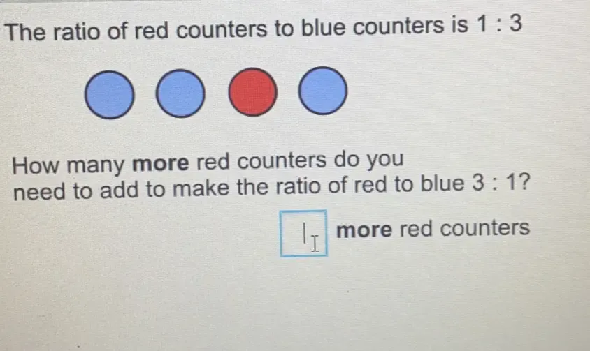 Solved: The ratio of red counters to blue counters is 1:3 How many more ...