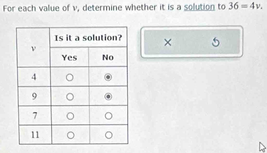 For each value of v, determine whether it is a solution to 36=4v. 
× 5