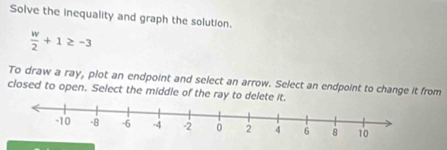 Solve the inequality and graph the solution.
 w/2 +1≥ -3
To draw a ray, plot an endpoint and select an arrow. Select an endpoint to change it from 
closed to open. Select the middle of the ray to delete it.