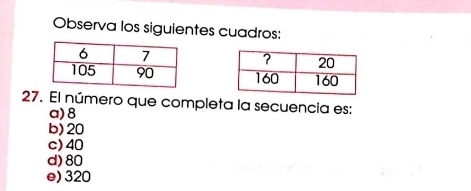 Observa los siguientes cuadros:

27. El número que completa la secuencia es:
a) 8
b) 20
c) 40
d) 80
e) 320