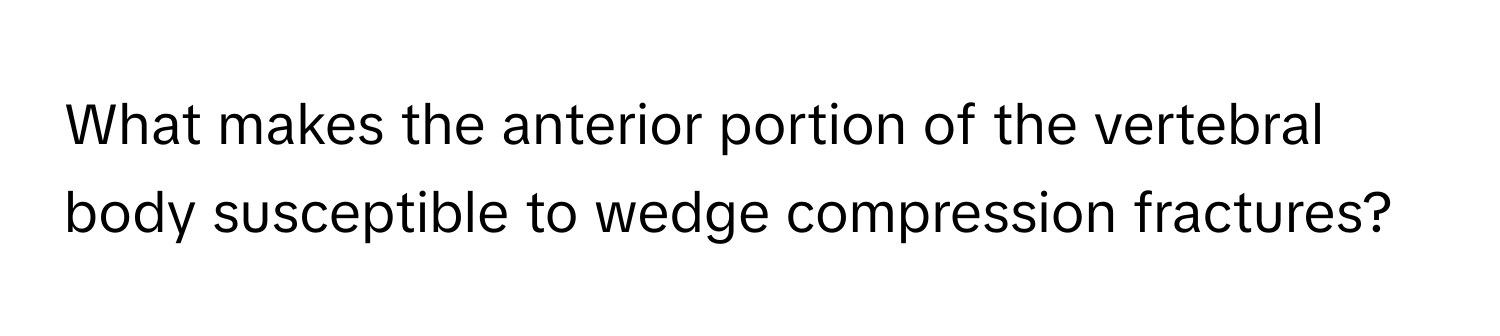 What makes the anterior portion of the vertebral body susceptible to wedge compression fractures?