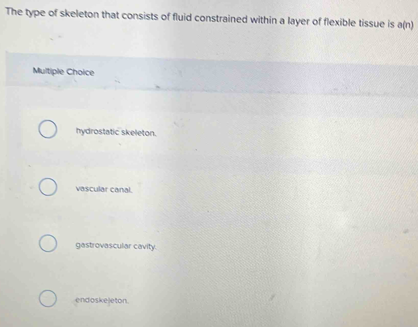 The type of skeleton that consists of fluid constrained within a layer of flexible tissue is a(n)
Multiple Choice
hydrostatic skeleton.
vascular canal.
gastrovascular cavity.
endoskeleton.