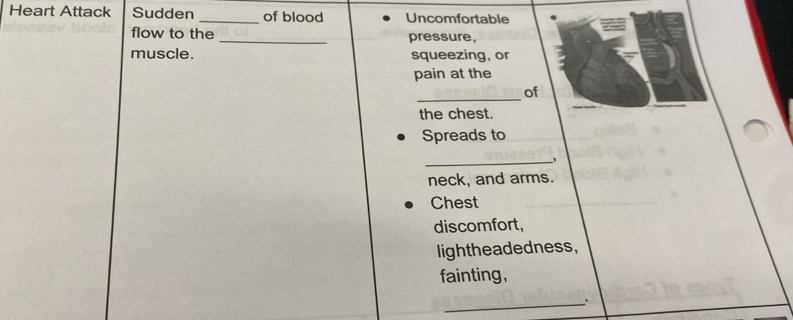 Heart Attack Sudden _of blood Uncomfortable 
flow to the _pressure, 
muscle. squeezing, or 
pain at the 
_of 
the chest. 
Spreads to 
_ 
neck, and arms. 
Chest 
discomfort, 
lightheadedness, 
fainting, 
_..