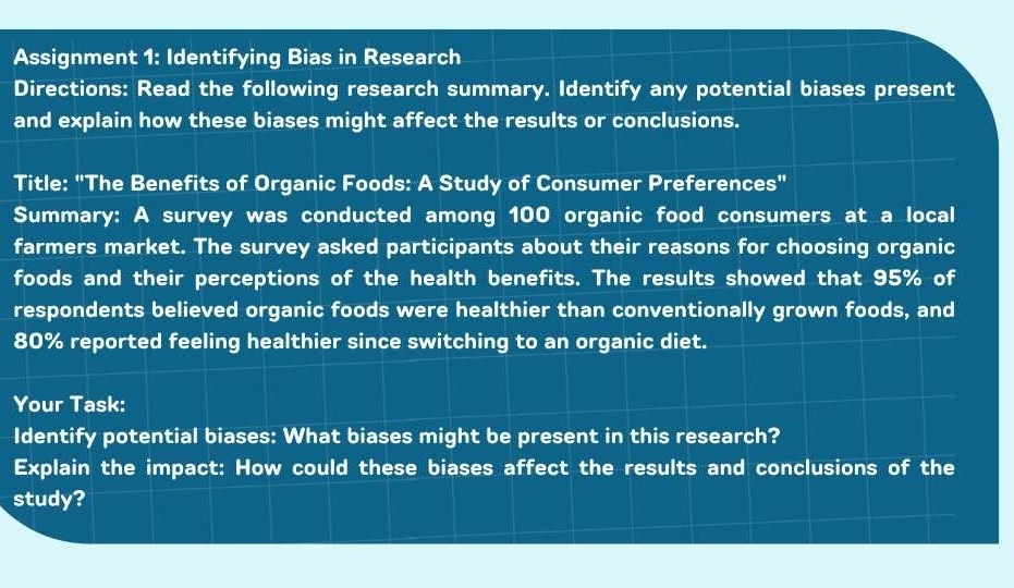 Assignment 1: Identifying Bias in Research 
Directions: Read the following research summary. Identify any potential biases present 
and explain how these biases might affect the results or conclusions. 
Title: "The Benefits of Organic Foods: A Study of Consumer Preferences" 
Summary: A survey was conducted among 100 organic food consumers at a local 
farmers market. The survey asked participants about their reasons for choosing organic 
foods and their perceptions of the health benefits. The results showed that 95% of 
respondents believed organic foods were healthier than conventionally grown foods, and
80% reported feeling healthier since switching to an organic diet. 
Your Task: 
Identify potential biases: What biases might be present in this research? 
Explain the impact: How could these biases affect the results and conclusions of the 
study?