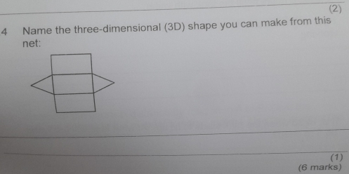 (2) 
4 Name the three-dimensional (3D) shape you can make from this 
net: 
(1) 
(6 marks)