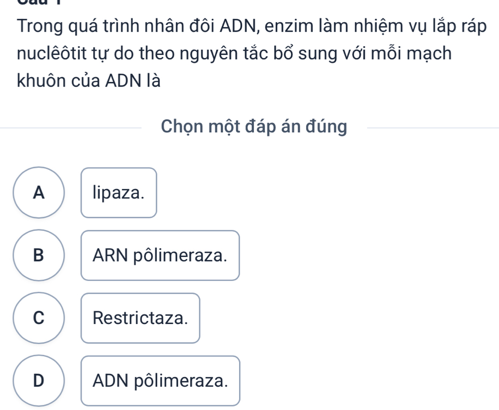 Trong quá trình nhân đôi ADN, enzim làm nhiệm vụ lắp ráp
nuclêôtit tự do theo nguyên tắc bổ sung với mỗi mạch
khuôn của ADN là
Chọn một đáp án đúng
A lipaza.
B ARN pôlimeraza.
C Restrictaza.
D ADN pôlimeraza.