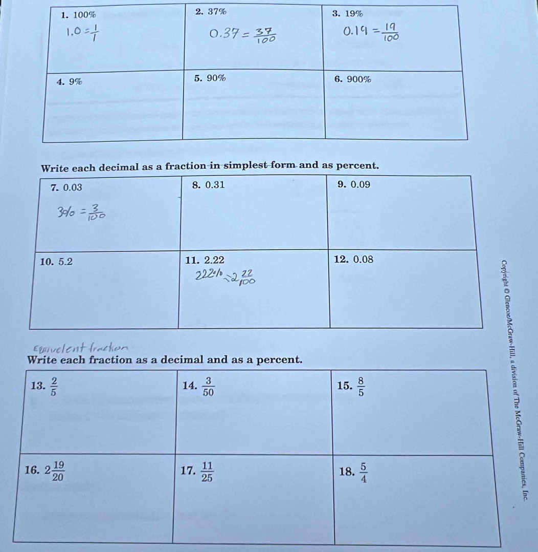 a fraction in simplest form and as percent.