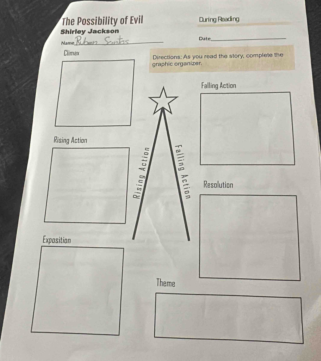 The Possibility of Evil During Reading 
Shirley Jackson 
Date_ 
Name 
_ 
Climax 
Directions: As you read the story, complete the 
graphic organizer. 
Falling Action 
Rising Action 
: 
Resolution 
Exposition 
Theme