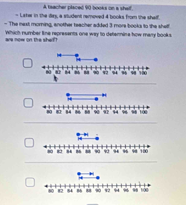 A teacher placed 90 books on a shelf. 
- Later in the day, a student removed 4 books from the shelf. 
- The next morning, another teacher added 3 more books to the shelf. 
Which number line represents one way to determine how many books 
are now on the shelf?