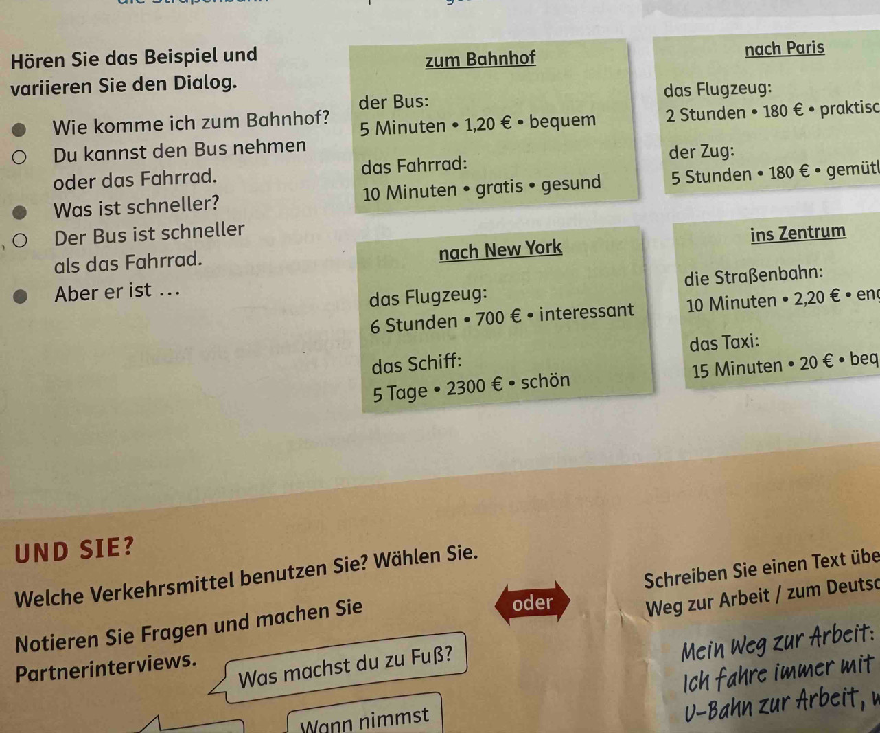 Hören Sie das Beispiel und nach Paris 
zum Bahnhof 
variieren Sie den Dialog. 
der Bus: das Flugzeug: 
Wie komme ich zum Bahnhof? 5 Minuten • 1,20 € • bequem * 2 Stunden • 180 € • praktisc 
Du kannst den Bus nehmen 
oder das Fahrrad. das Fahrrad: 
der Zug: 
Was ist schneller? 10 Minuten • gratis • gesund 5 Stunden • 180 € • gemütl 
Der Bus ist schneller 
als das Fahrrad. ins Zentrum 
nach New York 
Aber er ist ... 
das Flugzeug: die Straßenbahn:
6 Stunden • 700 € • interessant 10 Minuten • 2,20 € • enç 
das Schiff: das Taxi:
5 Tage • 2300 € • schön 15 Minuten • 20 € • beq 
UND SIE? 
Welche Verkehrsmittel benutzen Sie? Wählen Sie. 
Notieren Sie Fragen und machen Sie Schreiben Sie einen Text übe 
oder 
Weg zur Arbeit / zum Deutso 
Mein Weg zur Arbeit: 
Was machst du zu Fuß? 
Partnerinterviews. 
Ich fahre immer mit 
Wann nimmst 
U-Bahn zur Arbeit, v