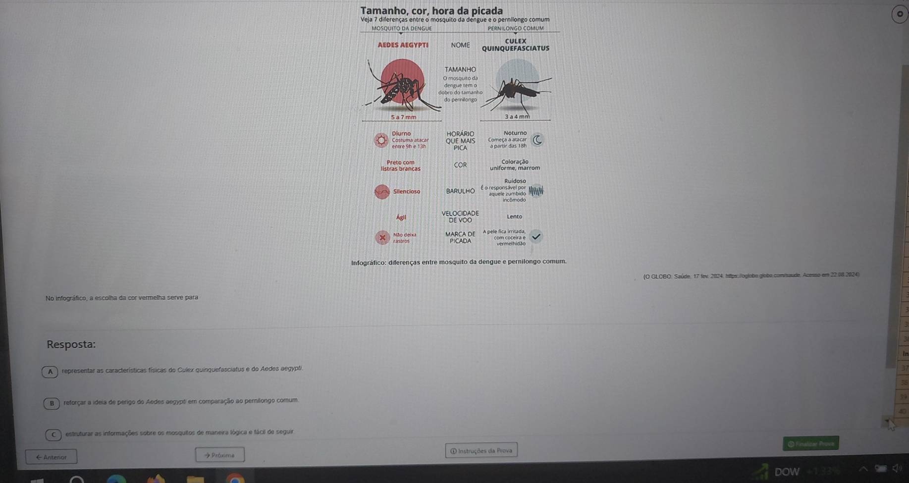 Tamanho, cor, hora da picada
Veja 7 diferenças entre o mosquito da dengue e o pernilongo comum
MOSQUITO DA DENGUE PERNILONGO COMUM
CULEX
NOME QUINQUEFASCIATUS
TAMANHO
O mosquito da
dobro do tamanho
do pernilongo
5 a 7mm
3 a 4 mm
Noturno
Dlurrin, atace, JENAR Começa a ataca
PICA a partir das 18
listras Brancas COR uniforme, marrom
barulho
É o respon umbido
VELOCIDADE
Ágil Lento
DE VOO
Não deixa MARCA DE A pele fica irritada,
Infográfico: diferenças entre mosquito da dengue e pernilongo comum
(O GLOBO, Saúde, 17 fev. 2024, https://ogiobo giobo.com/saude, Acesso em 22.08.2024
No infográfico, a escolha da cor vermelha serve para
Resposta:
A ) representar as características físicas do Culex quinquefasciatus e do Aedes aegypti.
B ) reforçar a ideia de perigo do Aedes aegypti em comparação ao pernilongo comum.
estruturar as informações sobre os mosquitos de maneira lógica e fácil de seguir O Finalizar Prova
← Anterior ラ Próxima ① Instruções da Prova
DOW