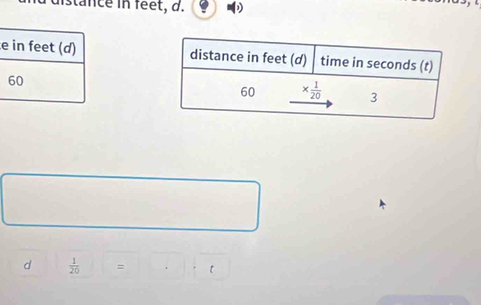 distance in féêt, d.
e 
d  1/20  = t